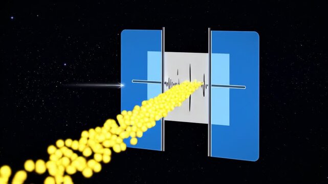 Quantum Tunneling Visualization - A cinematic visualization of quantum tunneling, depicting particles passing through a potential barrier.