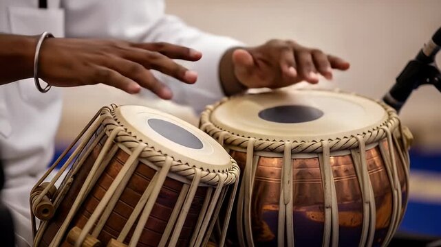 Close Up of Hands Playing Brown Tabla Drums with Ornate Straps in a Studio Setting with Soft Lighting Focus on Drumming Technique