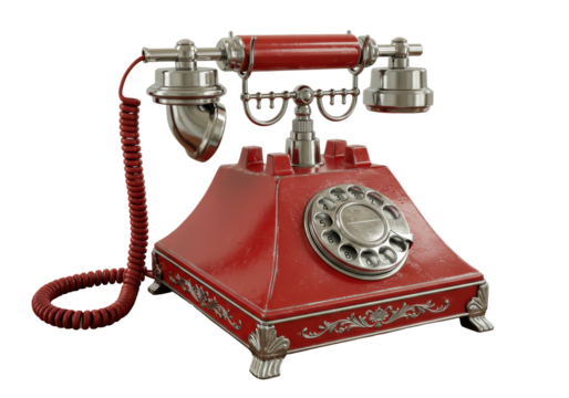 Isolated Red Antique Dial Telephone, Vintage Communication Device, Elegant Design