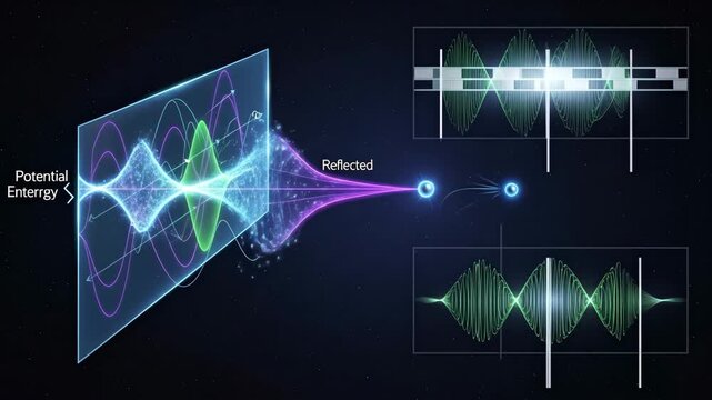 Quantum Tunneling: Particle Wave Visualization - A captivating visualization of quantum tunneling, depicting a particle wave passing through a potential energy barrier.