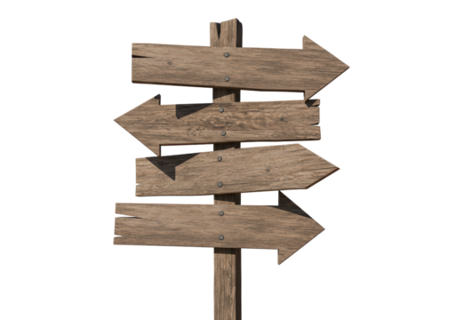 Isolated Directional Signpost Four Rustic Wooden Arrow Signs Weathered on a Post, No People