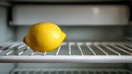 Vibrant depiction of a lone yellow lemon in a scarcely stocked refrigerator, illustrating the economic and nutritional challenges faced by underserved populations with a minimalist aesthetic