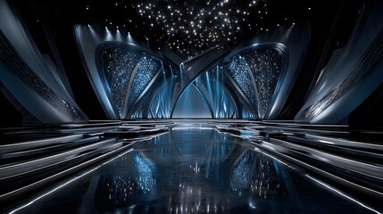 Cuttingedge reflective metallic stage with mesmerizing glossy finish and intricate modern detailing under ambient illumination for a futuristic theatrical ambiance