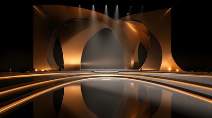 Ultra-modern reflective metallic stage featuring glossy design combined with dynamic lighting and subtle shadows for a captivating performance atmosphere