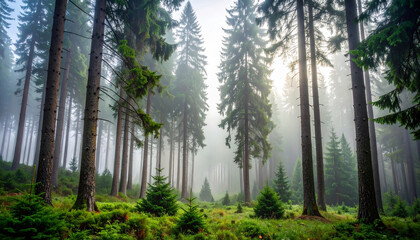 Evergreen trees stand tall in misty forest with lush green undergrowth in woodland