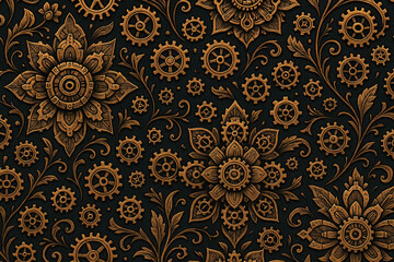 Obsidian Clockwork Bloom – Seamless Steampunk Floral Pattern