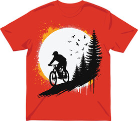Mountain biking t-shirt design, cyclist silhouette in nature, forest sunset outdoor scene, adventure graphic tee illustration, trendy sportswear print for active lifestyle apparel branding