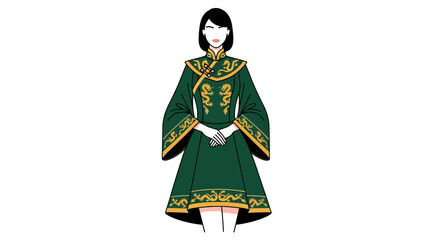 Elegant Woman in Green Dragon-Embroidered Chinese Dress