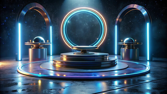 Futuristic podium with neon circle and arches for product display and presentation, a modern and technological stage for showcasing innovation