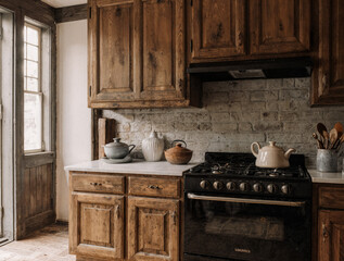 Natural light illuminates a rustic farmhouse kitchen with wooden cabinets and ceramic dishes.