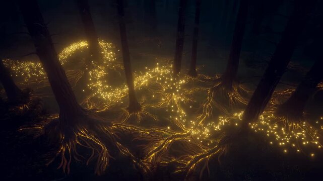 Dark magical forest filled with mysterious yellow lights inspires fairy tale wonder mystery fantasy energy nature secrets beauty magic mood adventure story mystical world imagination hidden path