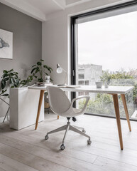 Modern Minimalist Home Office with White Desk and Large Window