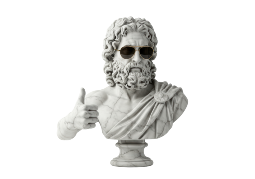 Isolated bust sculpture with sunglasses and thumbs up gesture, marble statue concept
