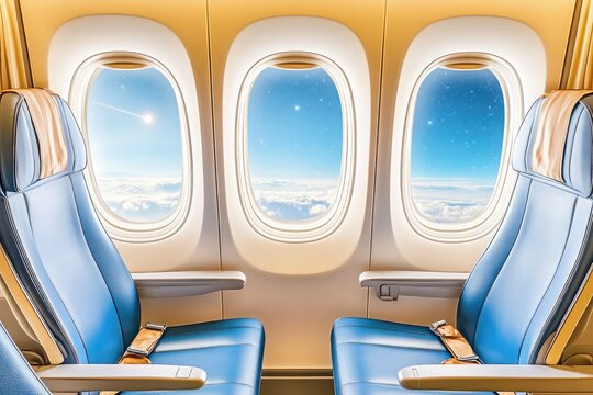Blue leather airplane window seats, sky view through windows, yellow background, aviation interior design
