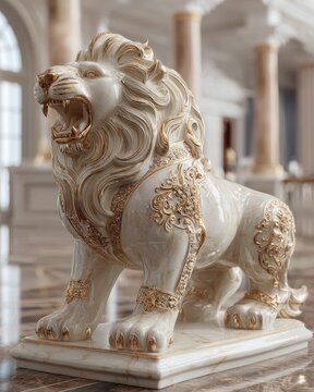 Cream-colored lion statue, ornate details