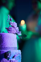 Vertical close-up photo of a cake in purple color