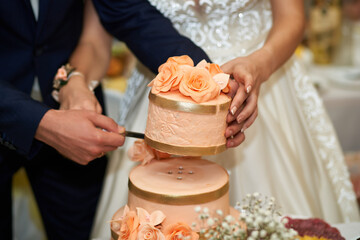 Newlyweds cutting a wedding cake in pastel colors