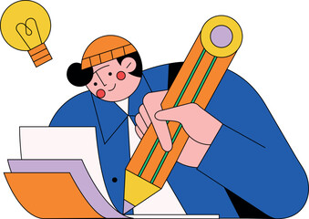 Man Writing Notes with Big Pencil Illustration