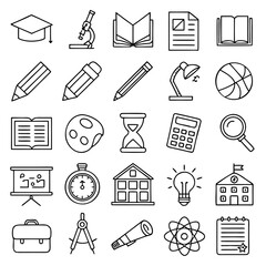 Education Icons: Line Art Vector Symbols for School and University Websites.

