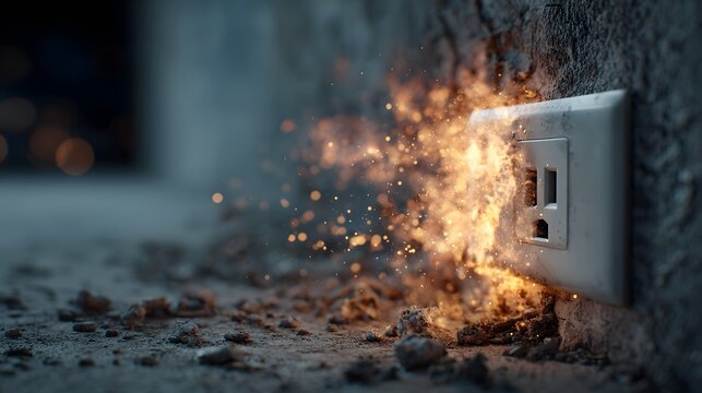 Overloaded electrical outlet on a dark wall bursts into intense flames and sparks. The fire casts a menacing orange glow. Cinematic macro photograph.