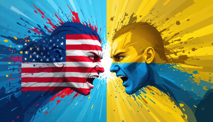 Conflict between american and ukrainian voices digital art political commentary dynamic colors close-up view