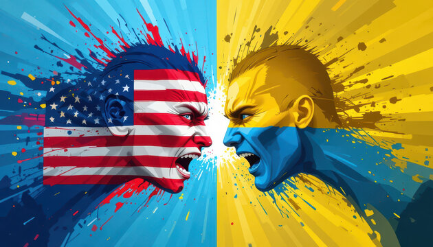 Conflict between american and ukrainian voices digital art political commentary dynamic colors close-up view