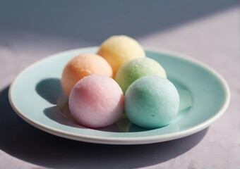 Macro Close-Up of Pastel-Colored Mochi Balls on Plate