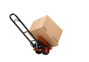 Isolated hand truck carries brown cardboard box for delivery, shipment or relocation purpose