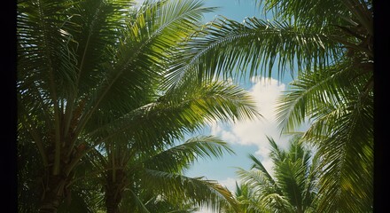 Lush tropical palms framing a sunny sky, creating a sense of peace and serenity. The fronds provide shade, while the light peeks through.
