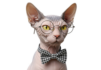 Isolated Sphynx cat with round spectacles and bow tie presents a refined and cute visage