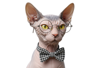 Isolated Sphynx cat with round spectacles and bow tie presents a refined and cute visage