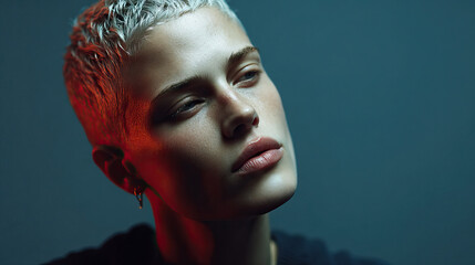 Creative woman portrait showcasing unique hairstyle and expressive features