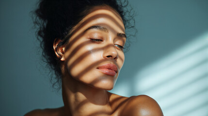 Creative woman portrait showcasing natural light and shadow play on skin
