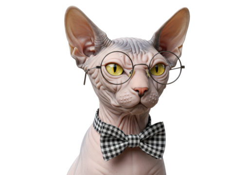 Isolated Sphynx cat with round spectacles and bow tie presents a refined and cute visage