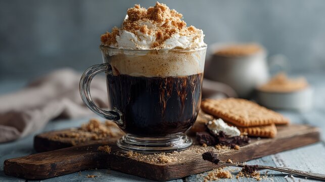 Delicious coffee drink topped with whipped cream and cookie crumbs on a wooden surface with biscuits and a blurred background