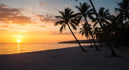 A stunning beach scene with palm trees silhouetted against a vibrant sunset over the ocean. The sand reflects the warm light of the setting sun, creating a peaceful and serene atmosphere