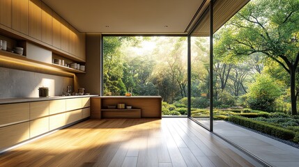 Modern kitchen, sunlit, forest view, serene design, home sale