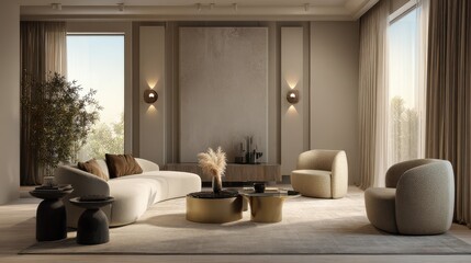 Modern minimalist interior design with cozy seating, elegant decor, natural light, and soft colors in a stylish living room setting