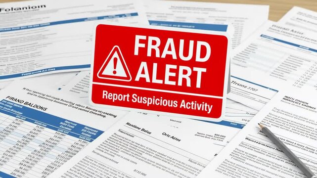 Fraud Alert Warning Sign on Financial Documents - A red fraud alert sign is prominently displayed on a desk with various financial documents and a pencil, emphasizing the importance of reporting