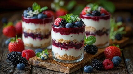 Delightful Berry Dessert Parfaits with Fresh Mint, Creamy Layers, Sweet Sauce, and Vibrant Fruits in Elegant Glasses on Rustic Wooden Board