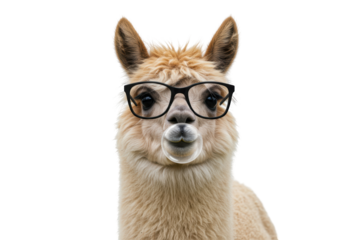 Isolated Funny alpaca with glasses blowing bubble with its mouth, cut-out animal shot