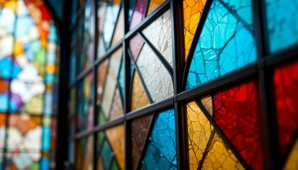 Full-frame stained glass window with geometric patterns, sharp lines, vivid colors.