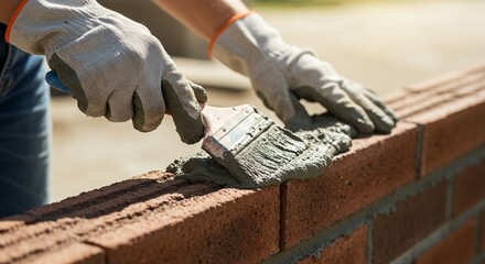 Gloved hands of a bricklayer using a trowel to apply mortar on red bricks, building a wall at a sunny construction site.