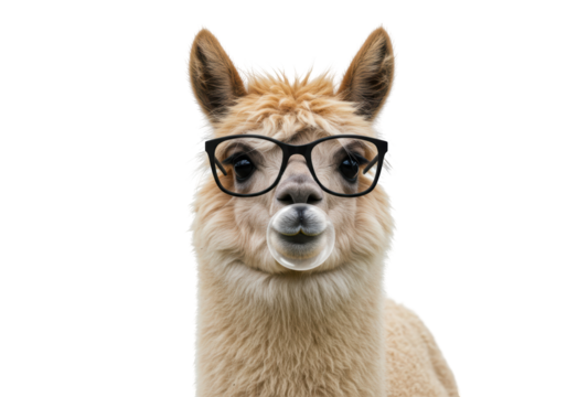 Isolated Funny alpaca with glasses blowing bubble with its mouth, cut-out animal shot