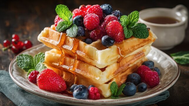 Delicious stack of fluffy waffles topped with fresh mixed berries, mint leaves, and a drizzle of maple syrup on a rustic plate, perfect for breakfast