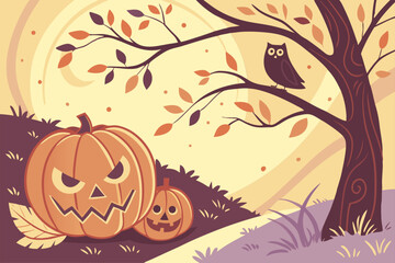 Autumn Halloween Scene with Pumpkin and Owls Vector Illustration