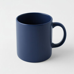 Matte navy ceramic coffee mug with deep blue tones and handle focus on pure white background