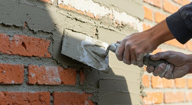 Skilled hands applying plaster or render to an existing brick wall using a finishing trowel, demonstrating home renovation work.