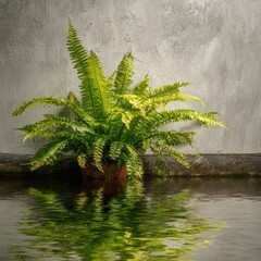 Lush fern in a pot, reflecting in still water against a textured wall