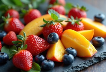 Obraz premium vibrant colorful fruit snacks displayed rustic slate surface beautifully arranged appetite appeal, basket, lifestyle, juicy, assorted, vivid, tasty
